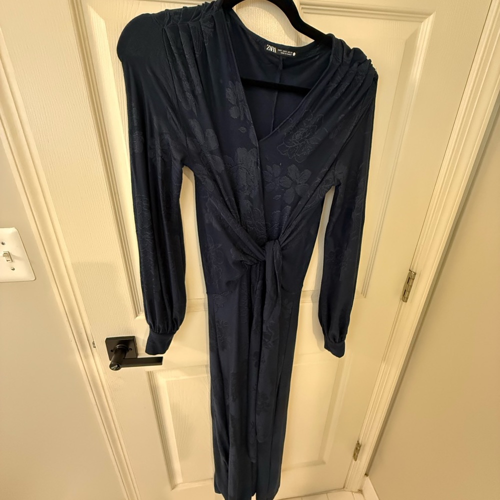 ZARA Navy Floral Tie-Front Maxi Dress